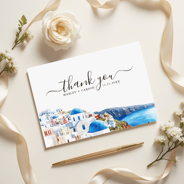 Santorini Island Watercolor Destination Wedding Thank You Card (Creator Uploaded)