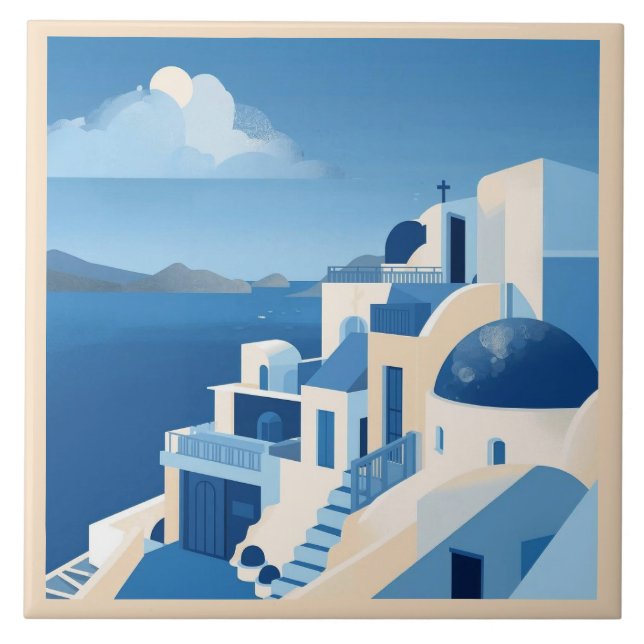 Santorini Mediterranean Blue Azulejo  Tile (Front)