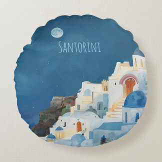 Santorini, Midnight in Santorini Round Cushion