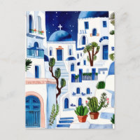 Santorini Night Greece Watercolor Blue White Greek