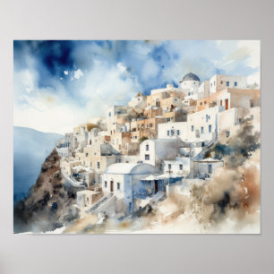 Santorini Oia Greece Watercolor Art Print Poster