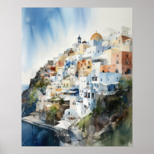 Santorini Oia Greece Watercolor Art Print Poster