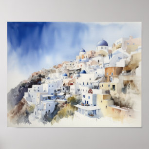 Santorini Oia Greece Watercolor Art Print Poster