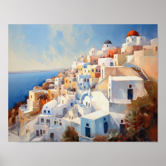 Santorini Oia Greece Watercolor Art Print Poster (Front)