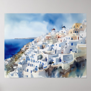 Santorini Oia Greece Watercolor Art Print Poster