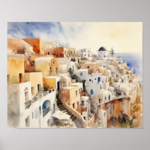 Santorini Oia Greece Watercolor Art Print Poster