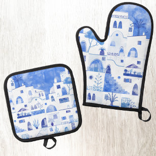 Santorini Oia Greece Watercolor Blue and White Oven Mitt & Pot Holder Set