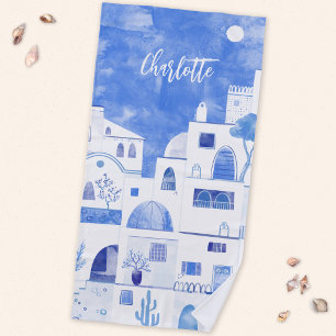 Santorini Oia Greek Island Watercolor Personalised Beach Towel