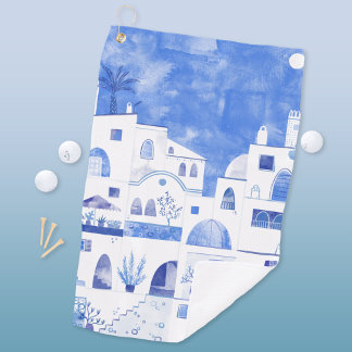 Santorini Oia Greek Island Watercolor Townscape Golf Towel