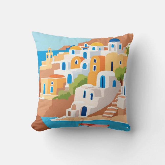 Santorini Panoramic View Throw Pillow (Front)