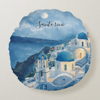 Santorini, Romantic Night in Santorini Round Cushion