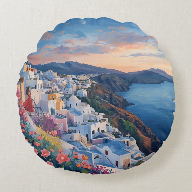 Santorini, Romantic Sunset in Santorini Round Cushion (Front)