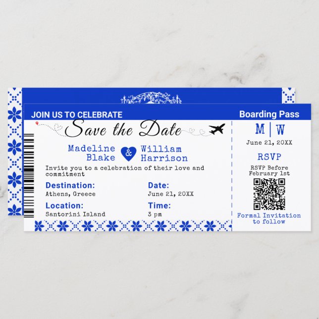 Santorini Skies Boarding Pass Style Save The Date  (Front/Back)
