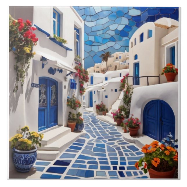 Santorini Street, Greece, Greek Mixed Media Mosaic Tile (Front)