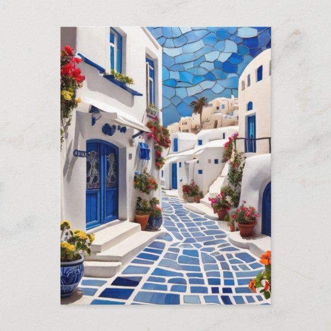 Santorini Street, Greece, Greek Village Mosaic Art Postcard (Front)