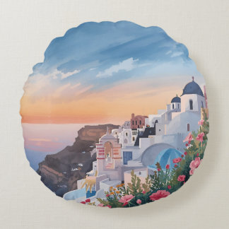 Santorini Stunning Sunset View Round Cushion