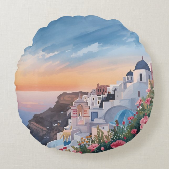 Santorini Stunning Sunset View Round Cushion (Front)