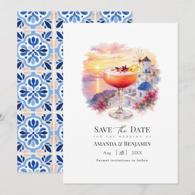 Santorini Sunset Cocktail Greece Wedding Save The Date (Front/Back)