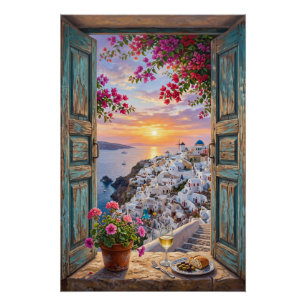 Santorini Sunset Faux Window Blue Domes Greece Coa Poster