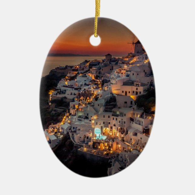 Santorini Sunset, Greece Ceramic Tree Decoration (Front)