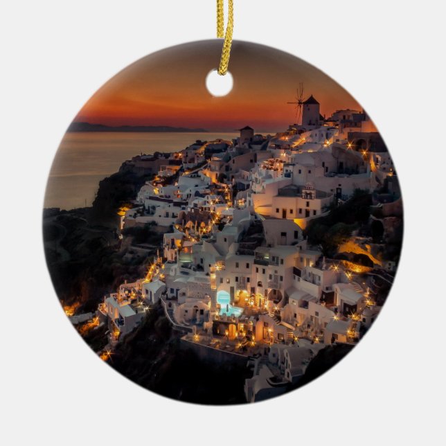 Santorini Sunset, Greece Ceramic Tree Decoration (Front)