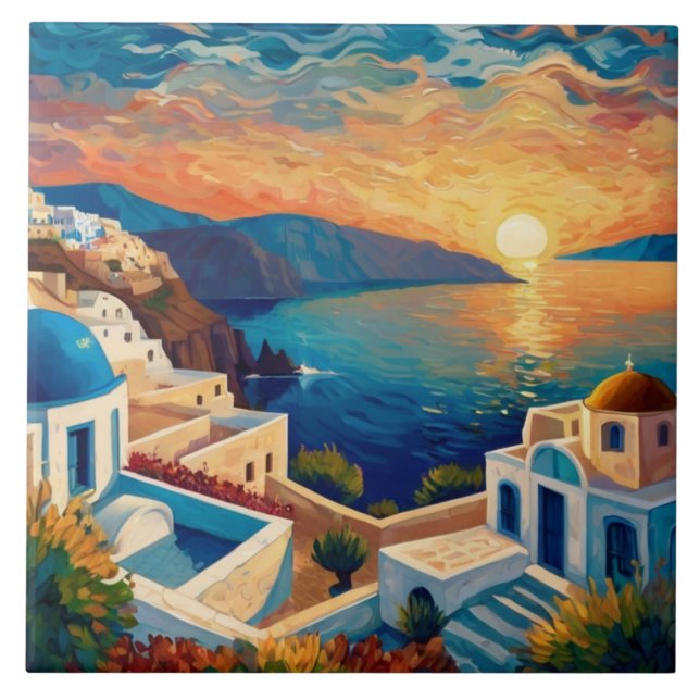 Santorini Sunset - Greece - Greek Island Village Tile (Front)