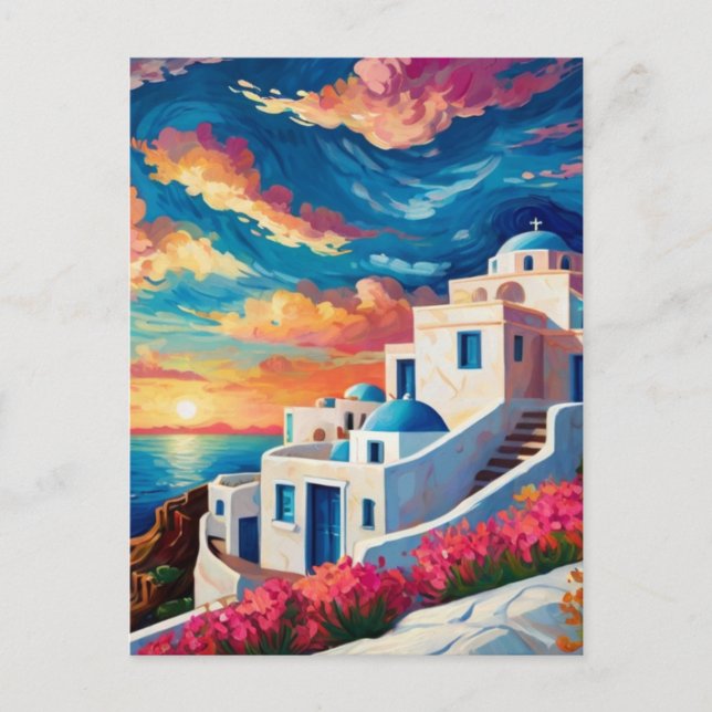 Santorini Sunset, Greece - Hot Pink Flowers Greek Postcard (Front)