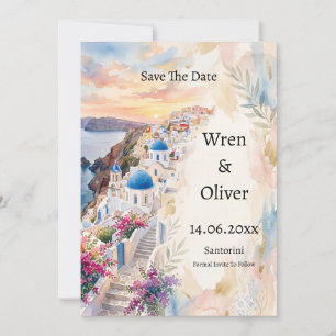Santorini Sunset Watercolour Save The Date Card