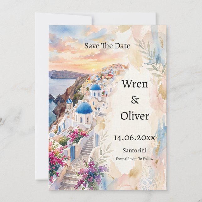Santorini Sunset Watercolour Save The Date Card (Front)