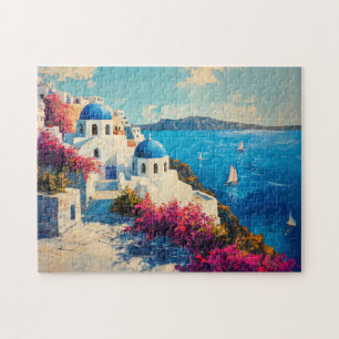 Santorini Vibrant Flowers Digital Oil Painting Jigsaw Puzzle