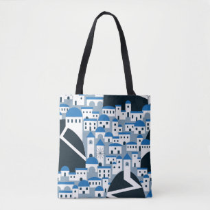 Santorini village pattern in white and blue tote bag