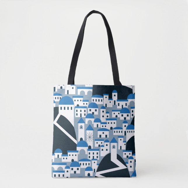 Santorini village pattern in white and blue tote bag (Front)