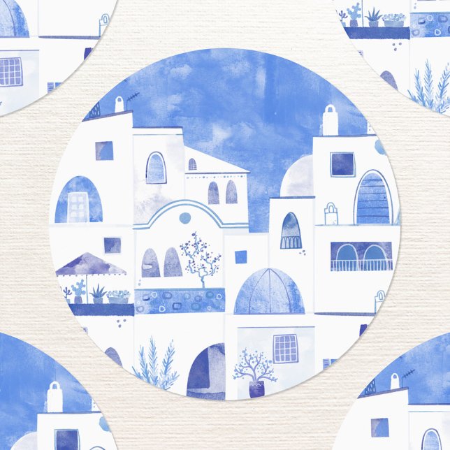 Santorini Watercolor (Santorini Greece blue and white watercolor painting sticker)