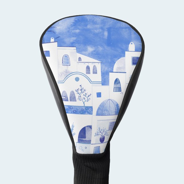 Santorini Watercolor Art Golf Head Cover (Santorini Oia Greece watercolor blue and white art golf head cover)