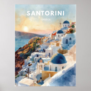 Santorini Watercolor Illustration Travel Poster