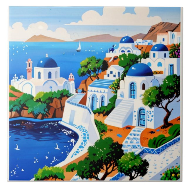 Santorini Watercolor Painting Art - Greek Island Tile (Front)