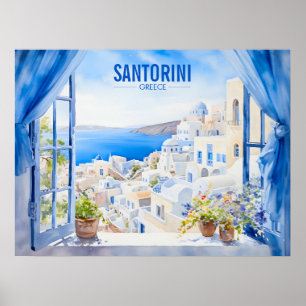 Santorini Watercolor Painting Greece Travel   Art Poster