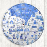 Santorini Watercolor Personalised Dartboard<br><div class="desc">Watercolor blue and white painting based on Oia on the Greek island of Santorini. Change or remove the name to personalise.</div>