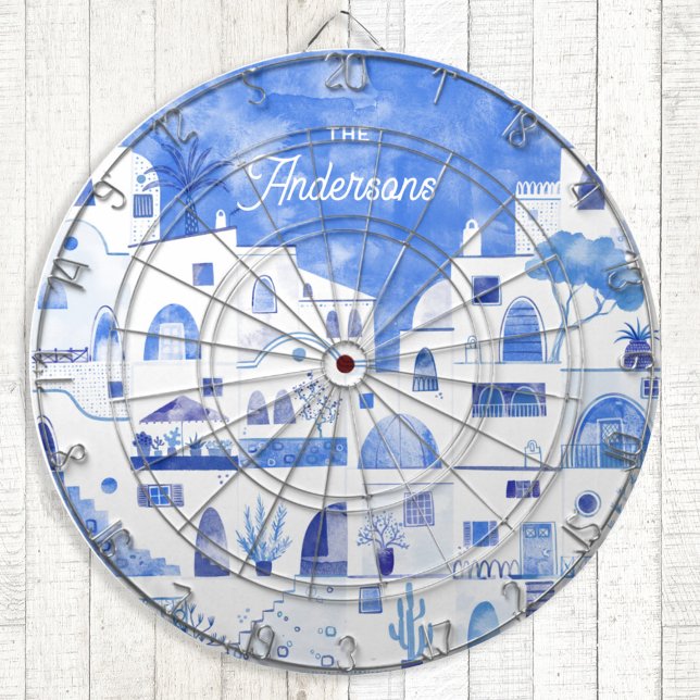 Santorini Watercolor Personalised Dartboard (Santorini Oia blue and white watercolor art dartboard)