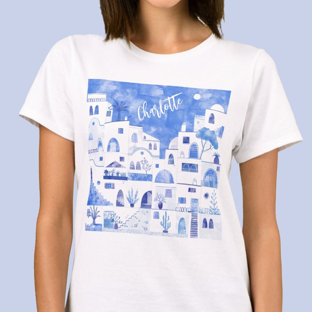 Santorini Watercolor Personalised T-Shirt (Personalized name Santorini Oia Greek Island blue and white art t-shirt)