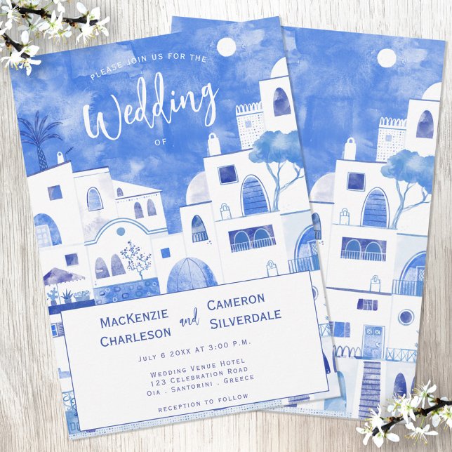 Santorini Wedding Invitation (Santorini blue and white watercolor painting on a wedding invitation)