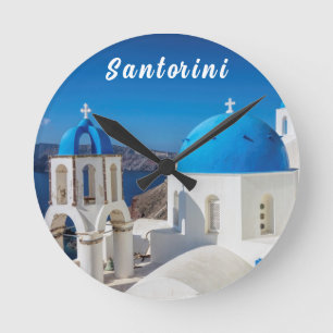 Santorini with blue and white church round clock