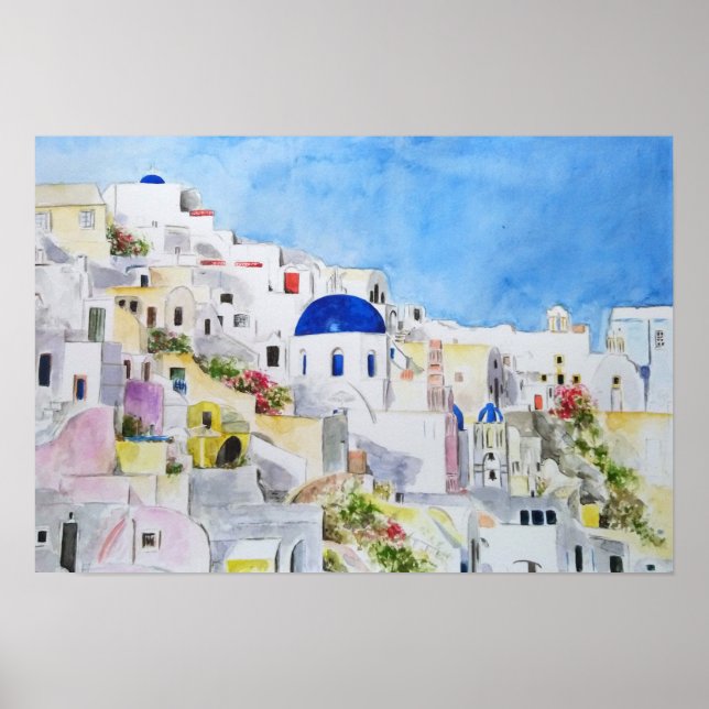Santoroni Greece Aegean sea watercolor painting Poster (Front)