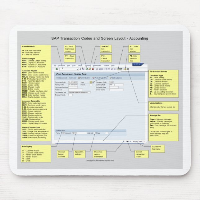 SAP Accounting Transaction Codes and Layout Mouse Mat (Front)