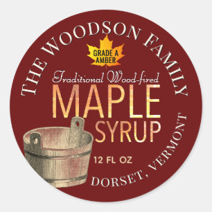 Sap Bucket Maple Syrup with Yellow Leaf on Red Classic Round Sticker