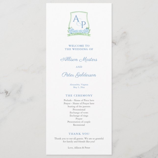 Sap Green Blue Hydrangea Monogram Wedding Program Programme (Front)