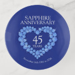 Sapphire 45th anniversary custom date gift trinket trays<br><div class="desc">Show your appreciation to your wife or husband or your favourite couple celebrating 45th years of marriage blue sapphire wedding anniversary gift dish. Personalise with your couples wedding dates or a message. Matches blue sapphire wedding anniversary heart stone set. Uniquely designed by Sarah Trett. www.sarahtrett.com for www.mylittleeden.com</div>