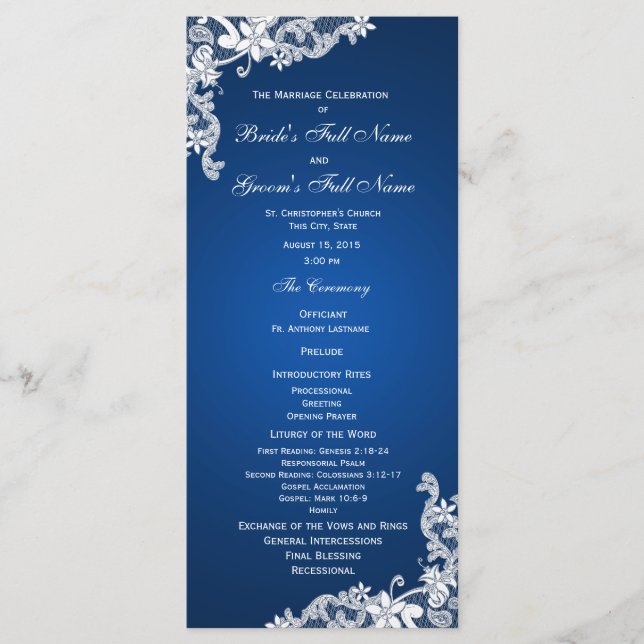 Sapphire and Lace Wedding Program Programme (Front)