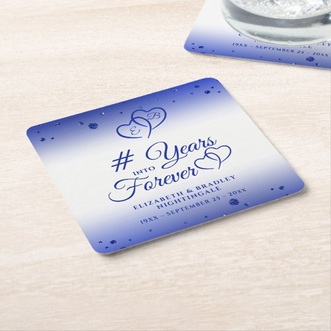 Sapphire Anniversary Hearts YEARS INTO FOREVER Square Paper Coaster (Angled)