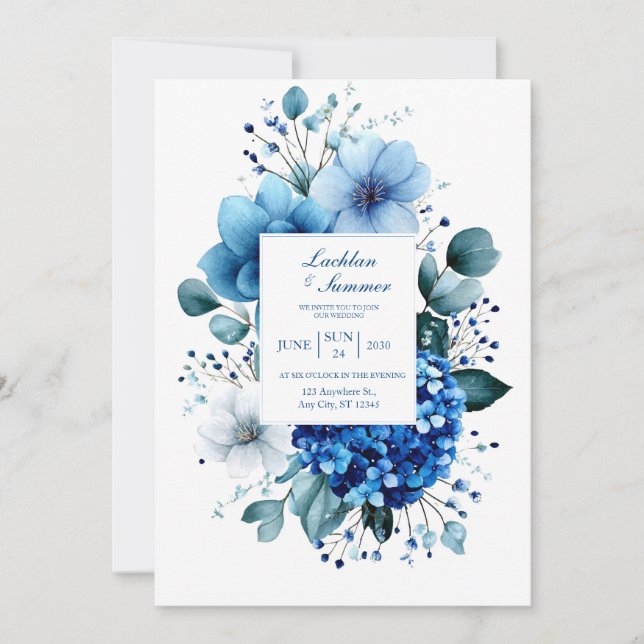 Sapphire Bloom Blue Floral Watercolor Wedding Invitation (Front)